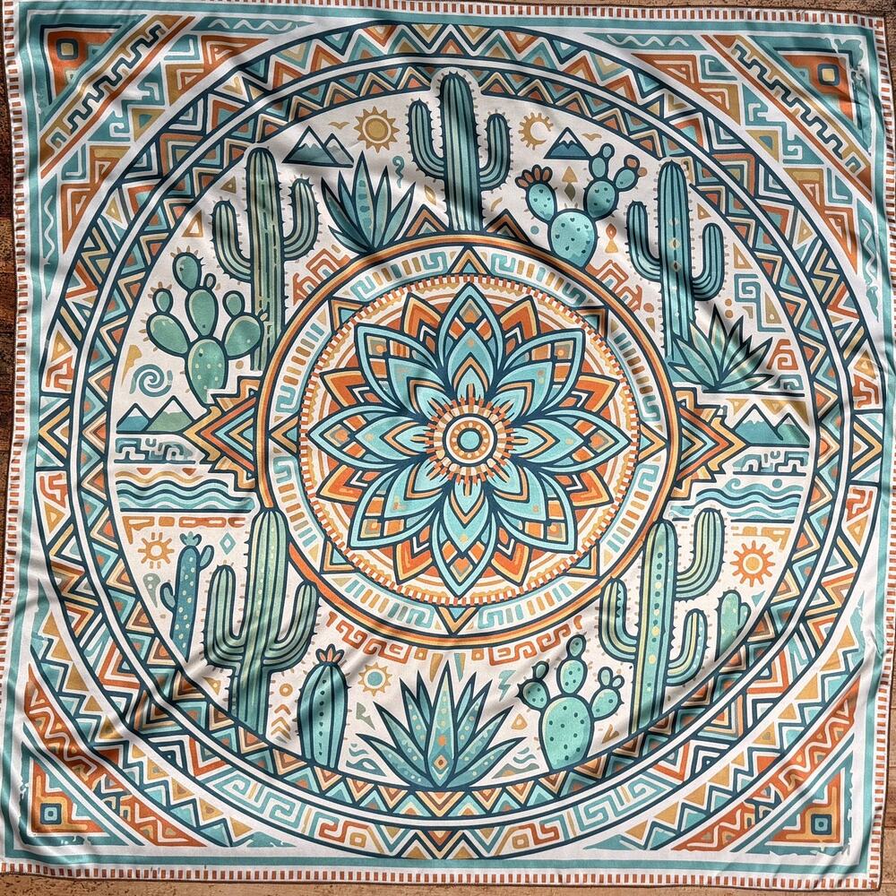 Aztec Cacti Print Silky Wild Rag | 36x36 | Jade & Rust